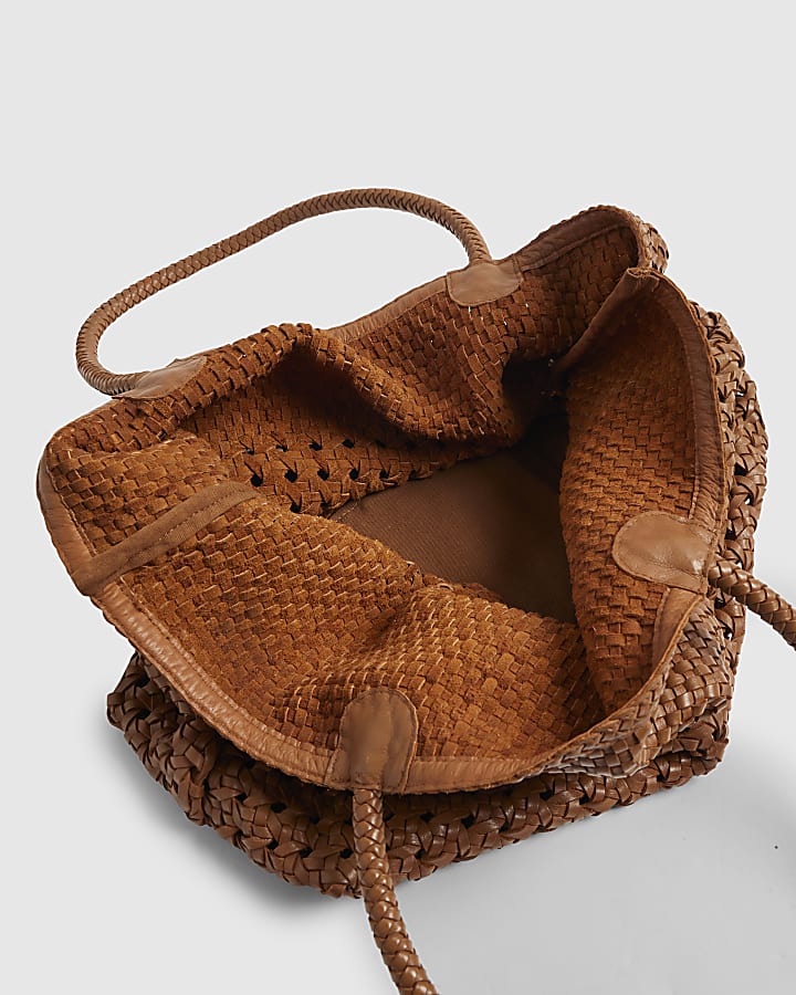 Beige Scarf Leather Woven Shopper Bag