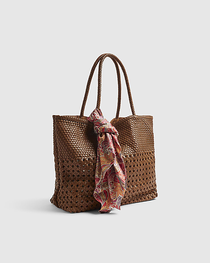 Beige Scarf Leather Woven Shopper Bag