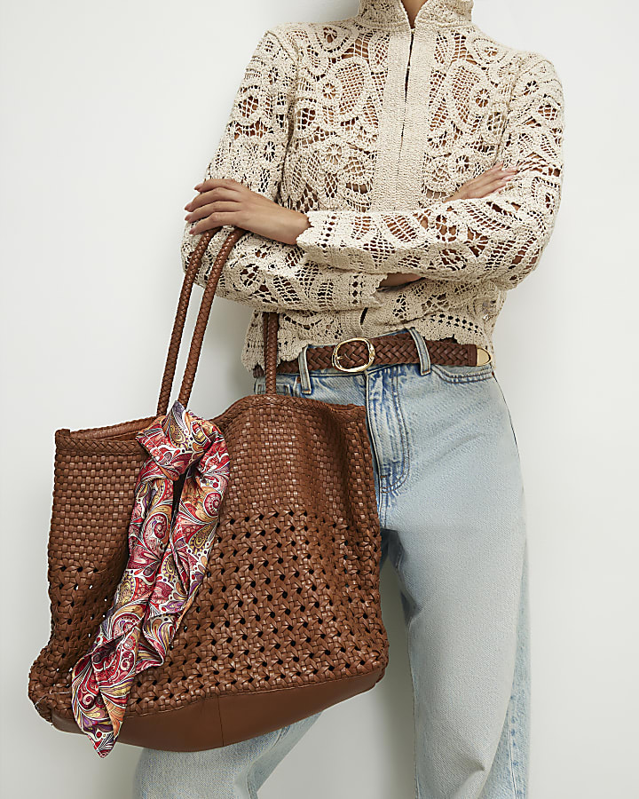 Beige Scarf Leather Woven Shopper Bag