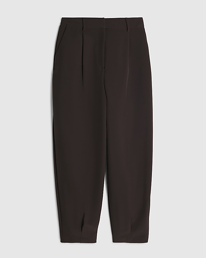 Brown Pleat Detail Barrel Leg Trousers