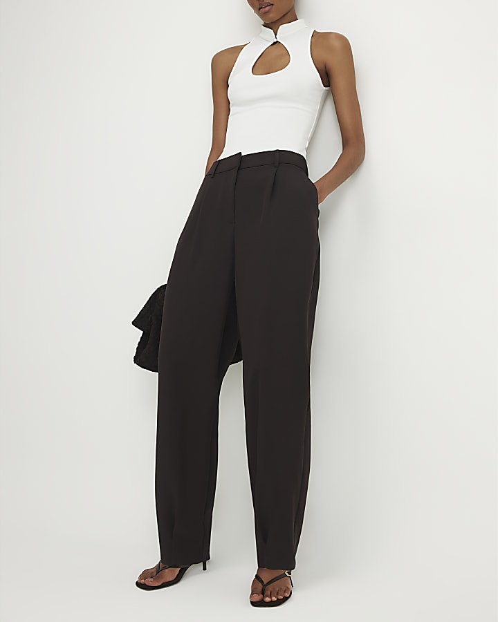 Brown Pleat Detail Barrel Leg Trousers