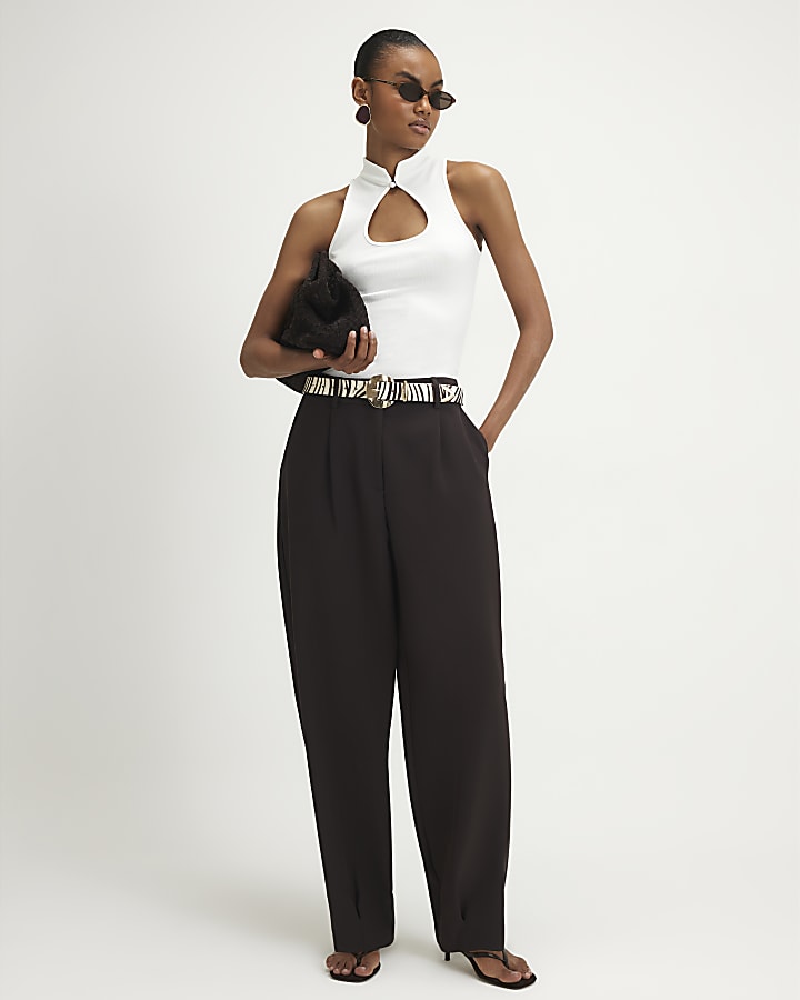 Brown Pleat Detail Barrel Leg Trousers