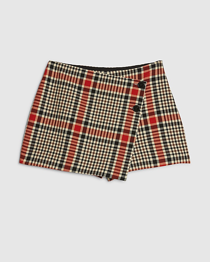 Red Check Asymmetric Wrap Skort