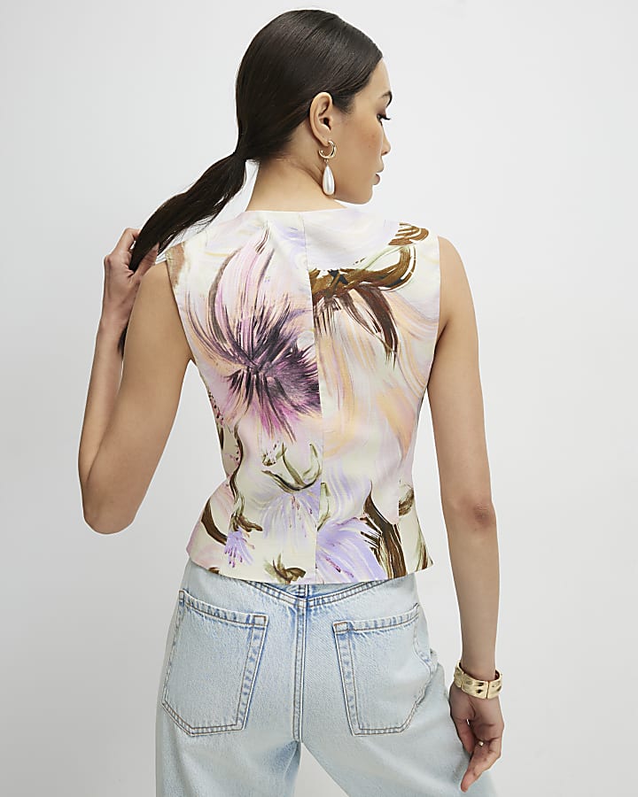 Pink Linen Blend Floral Waistcoat