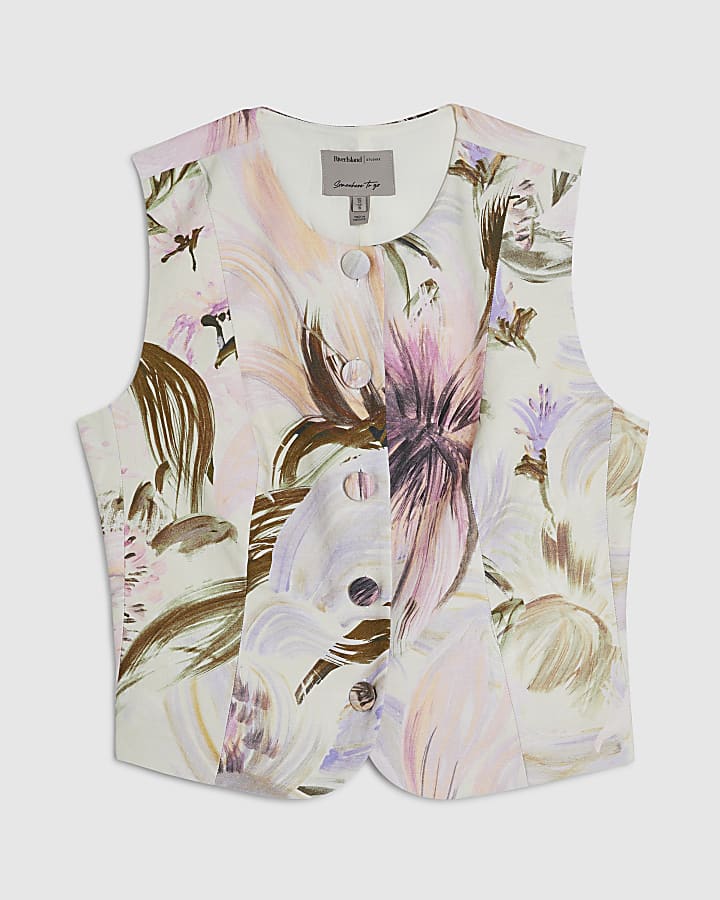 Pink Linen Blend Floral Waistcoat