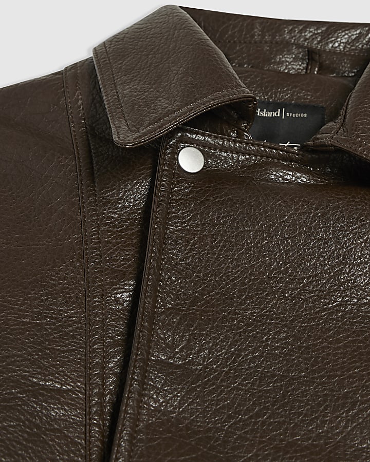 Brown Faux Leather Zip Through Jacket