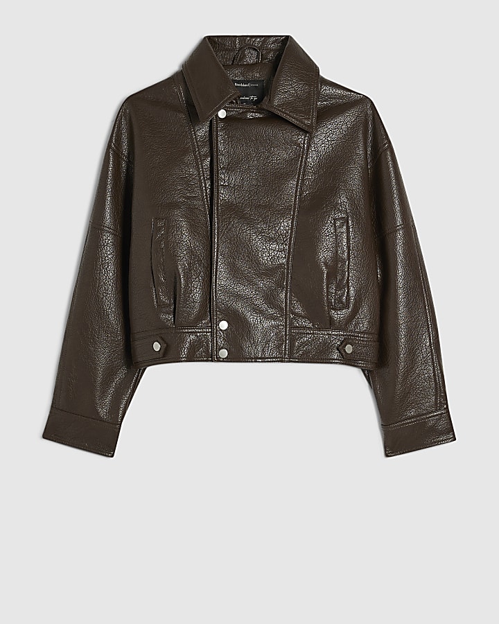 Brown Faux Leather Zip Through Jacket
