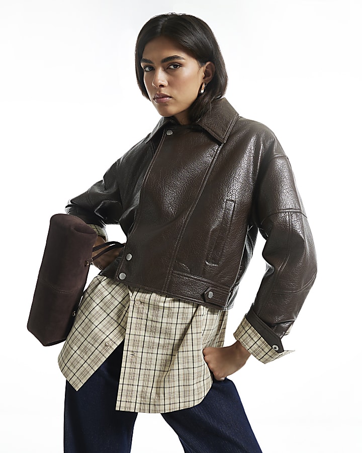 Brown Faux Leather Zip Through Jacket
