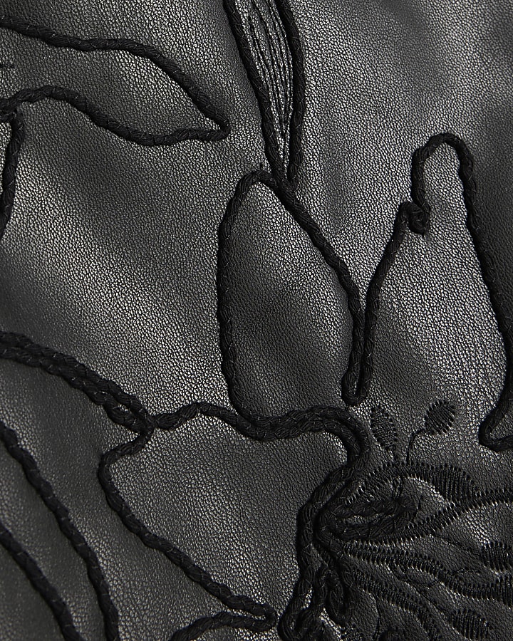 Black Faux Leather Embroidered Hybrid Skort