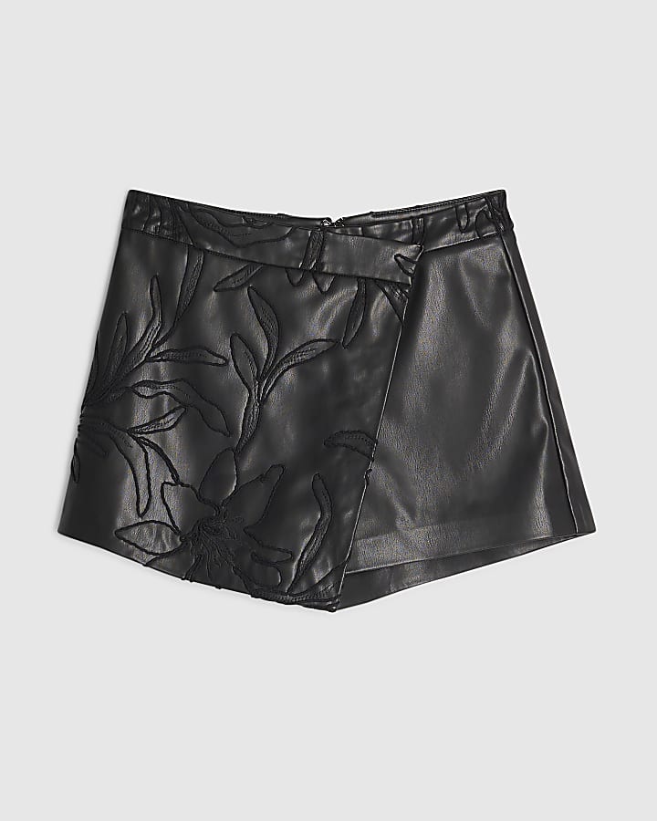 Black Faux Leather Embroidered Hybrid Skort