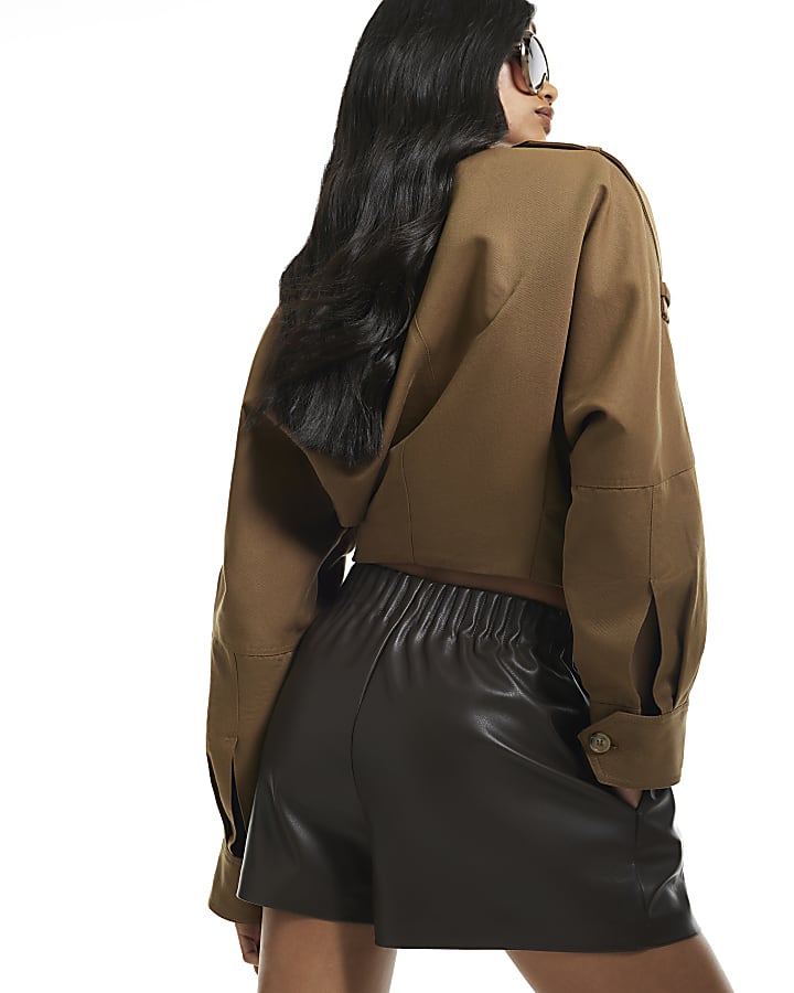 Brown Faux Leather Elasticated Shorts
