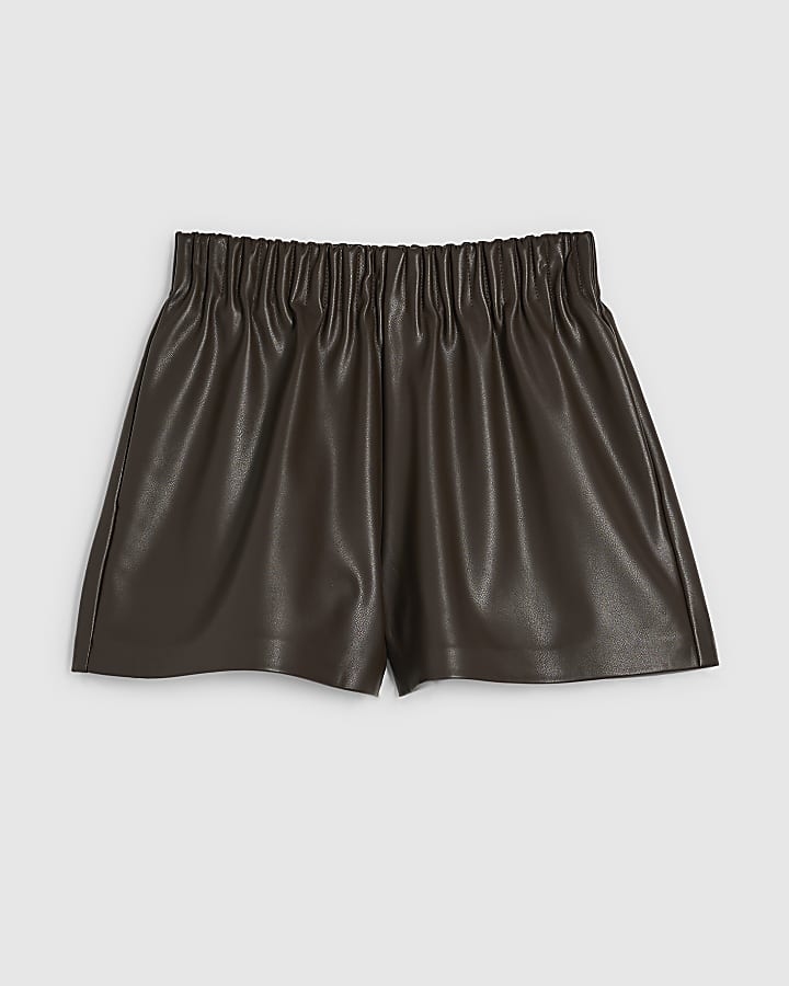 Brown Faux Leather Elasticated Shorts