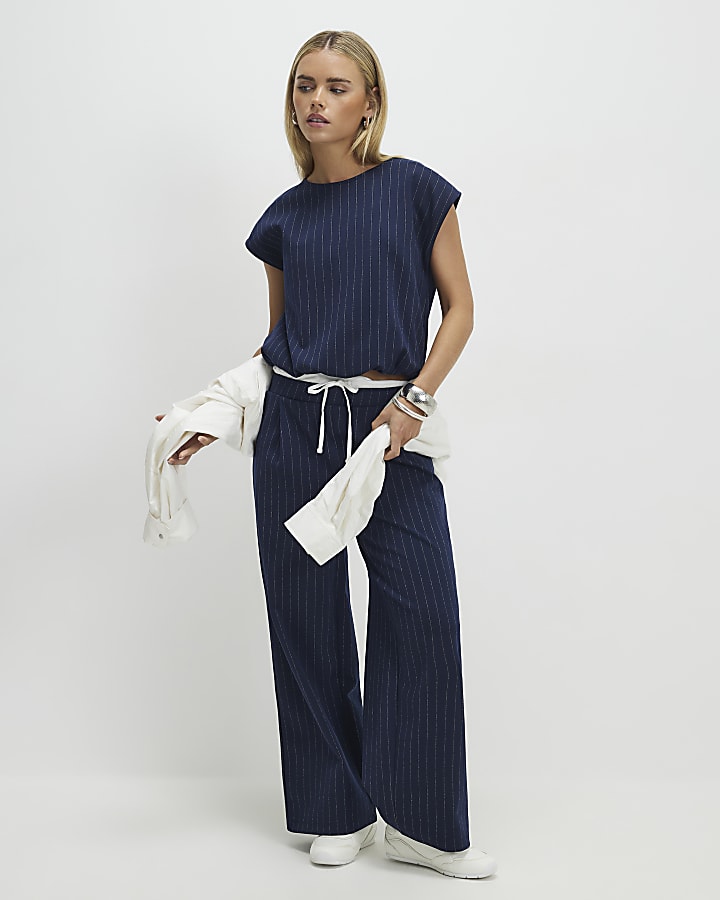 Petite Navy Pinstripe Wide Leg Trousers