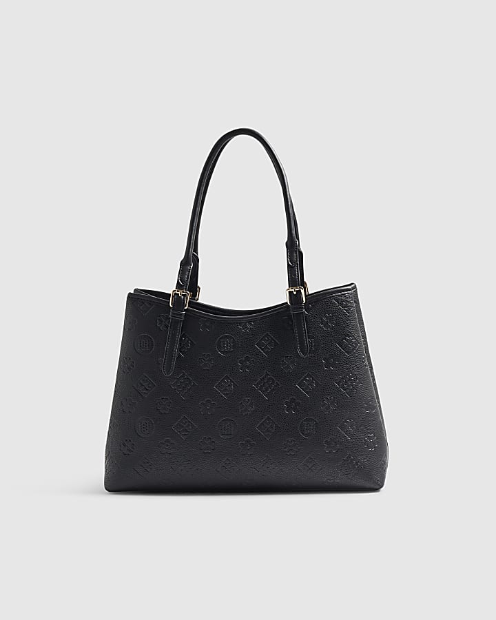 Black Embossed Monogram Charm Tote Bag
