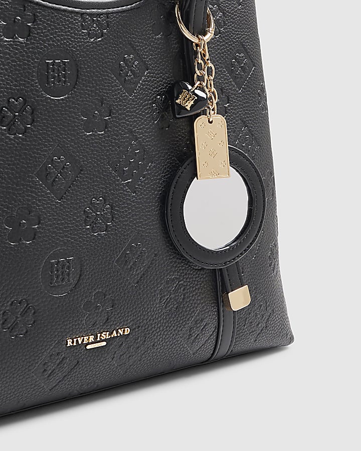 Black Embossed Monogram Charm Tote Bag