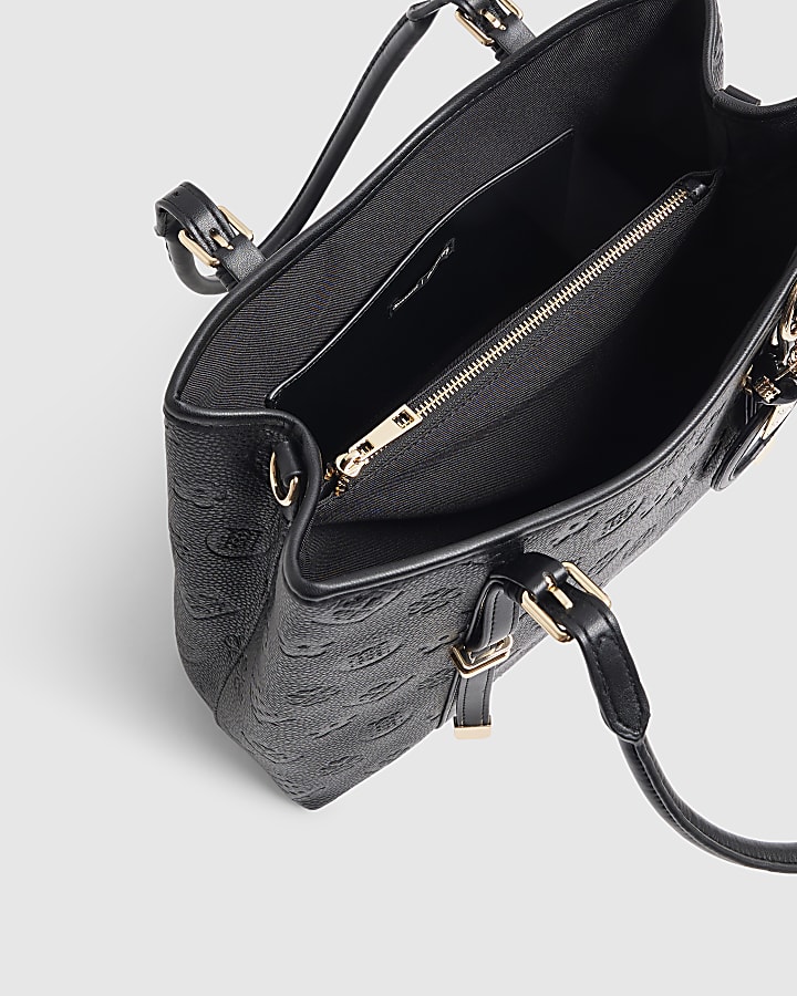 Black Embossed Monogram Charm Tote Bag