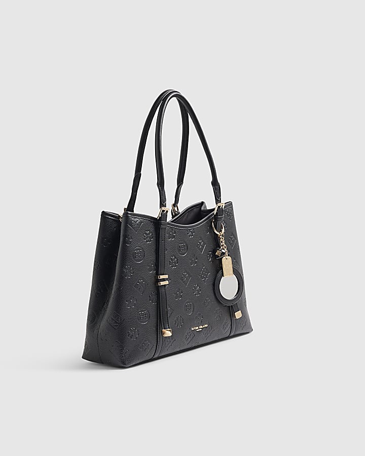 Black Embossed Monogram Charm Tote Bag