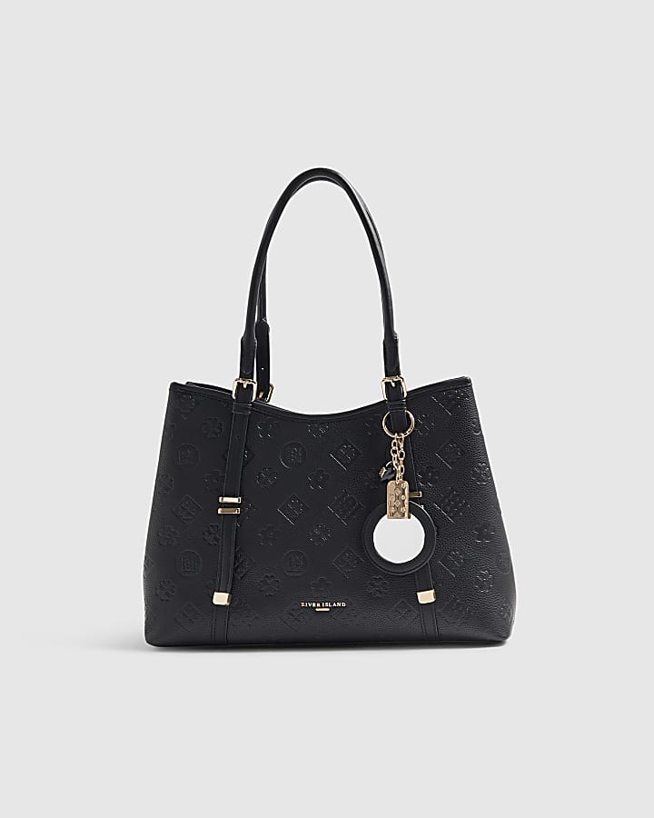 Black Embossed Monogram Charm Tote Bag