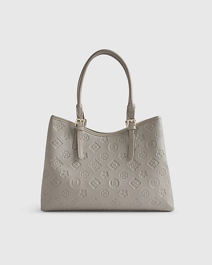Grey Embossed Monogram Charm Tote Bag