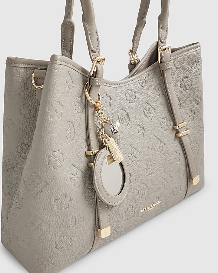 Grey Embossed Monogram Charm Tote Bag