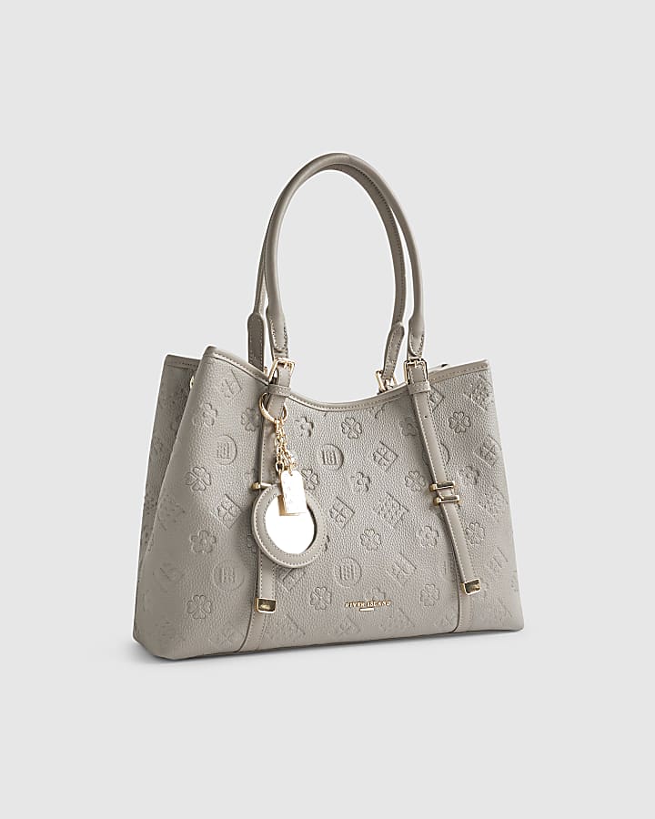 Grey Embossed Monogram Charm Tote Bag
