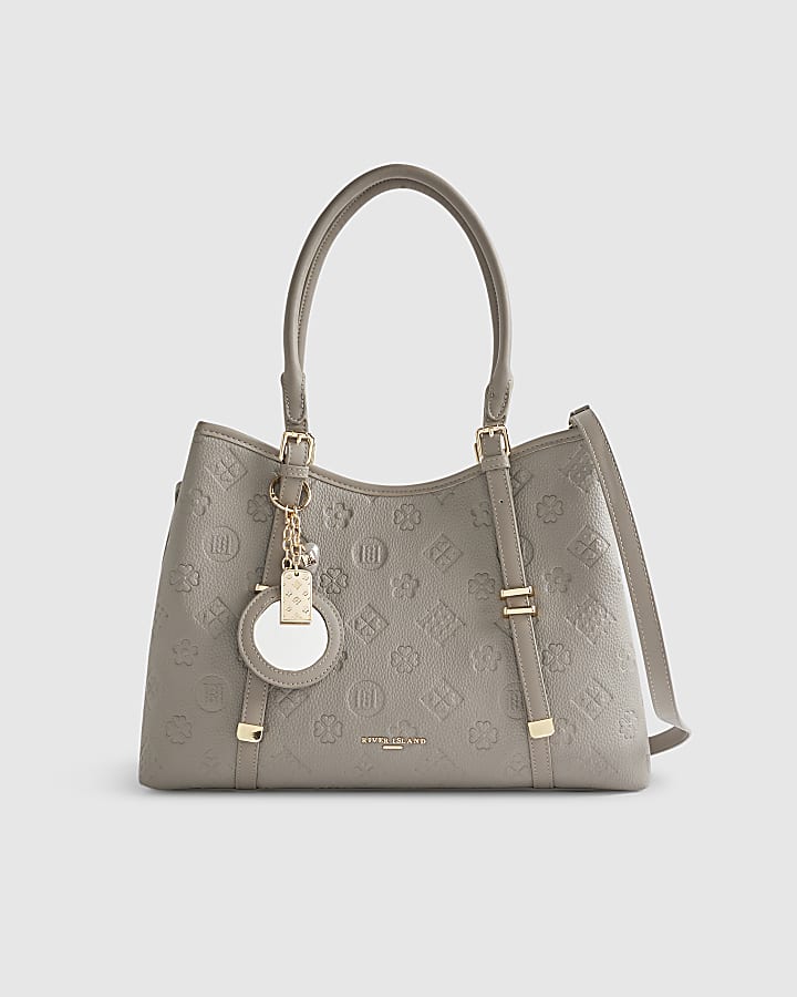 Grey Embossed Monogram Charm Tote Bag