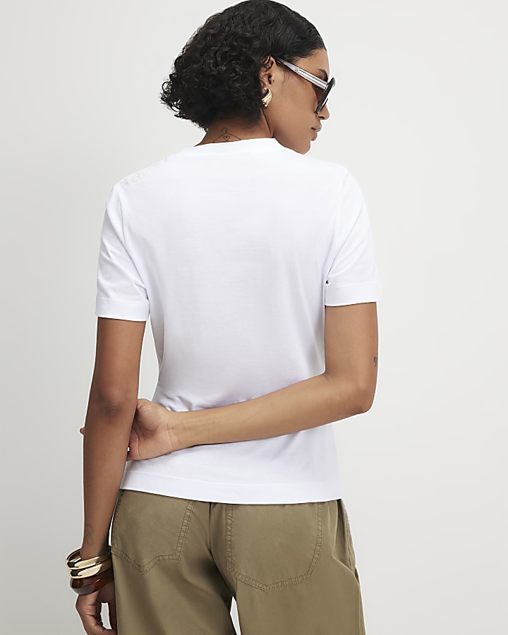 White Short Sleeve Lace Asymmetric Ruched Top