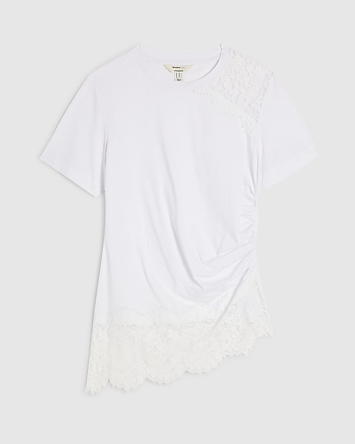 White Short Sleeve Lace Asymmetric Ruched Top