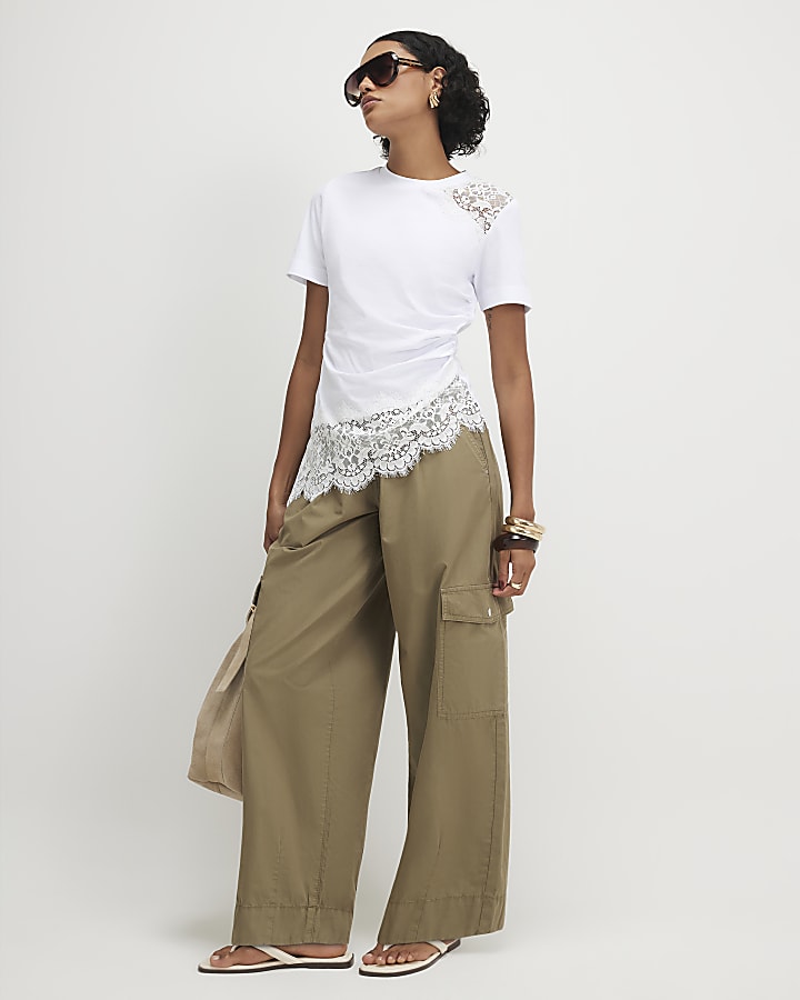 White Short Sleeve Lace Asymmetric Ruched Top