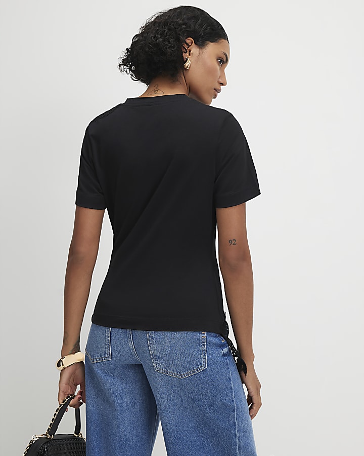 Black Short Sleeve Lace Aysmmetric Ruched Top