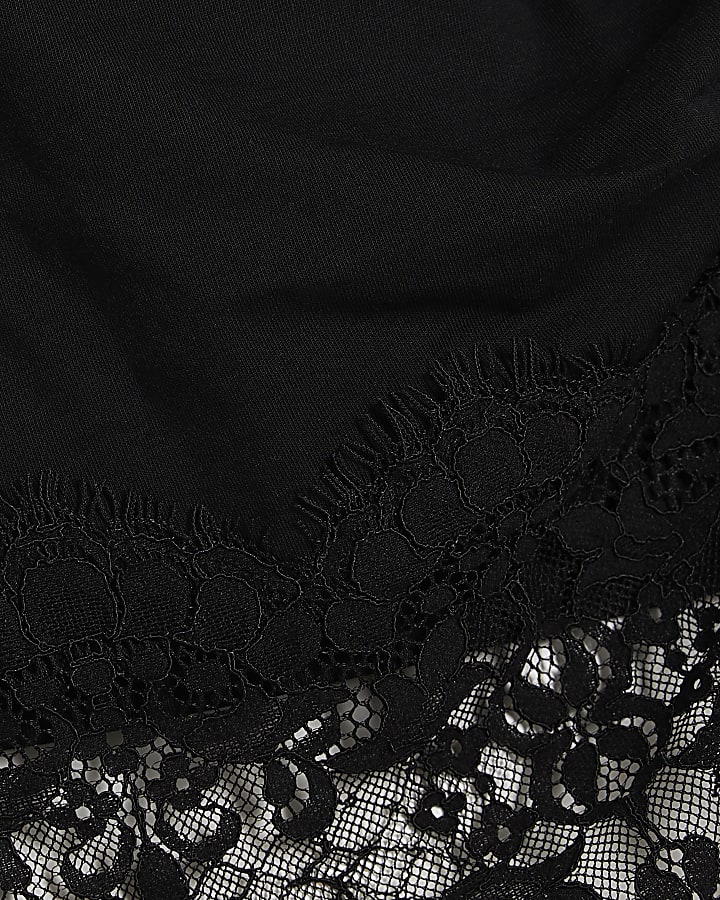 Black Short Sleeve Lace Aysmmetric Ruched Top