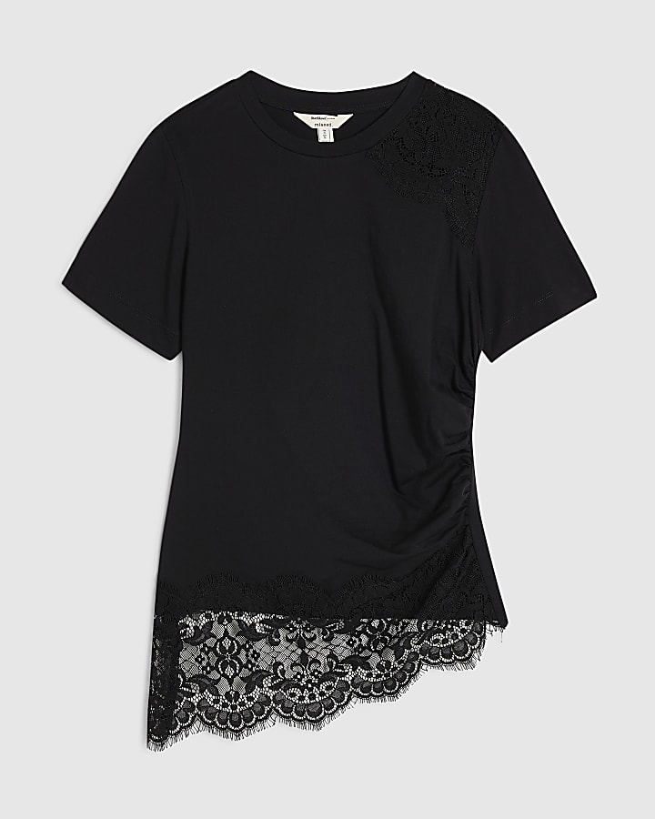 Black Short Sleeve Lace Aysmmetric Ruched Top