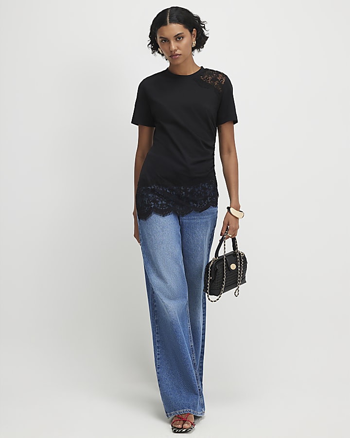 Black Short Sleeve Lace Aysmmetric Ruched Top