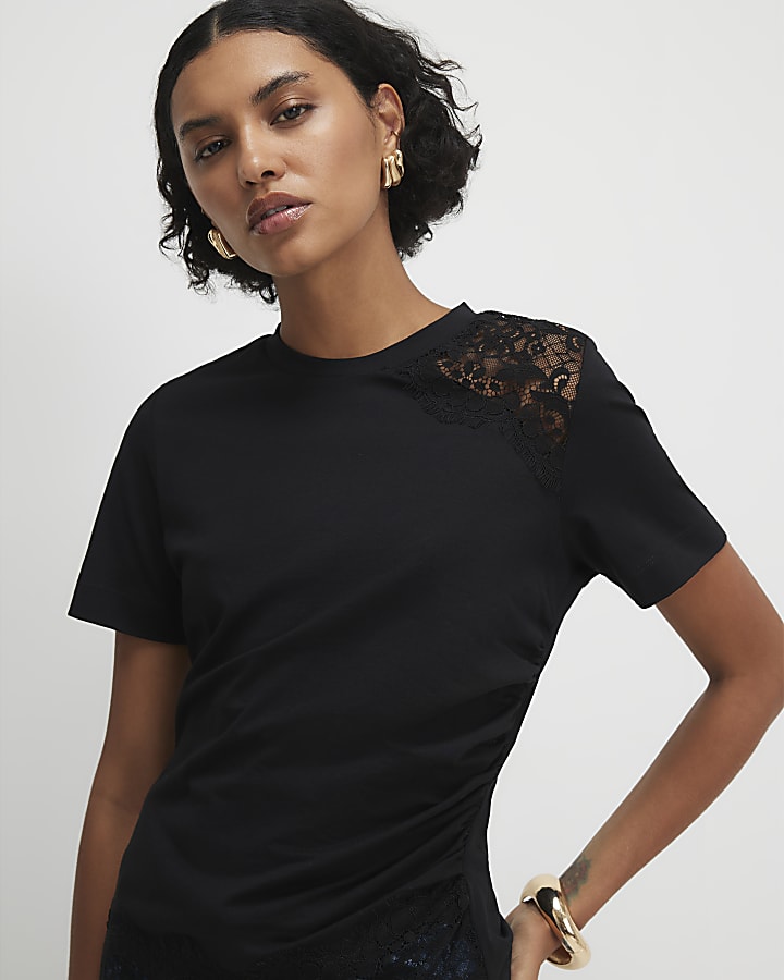 Black Short Sleeve Lace Aysmmetric Ruched Top