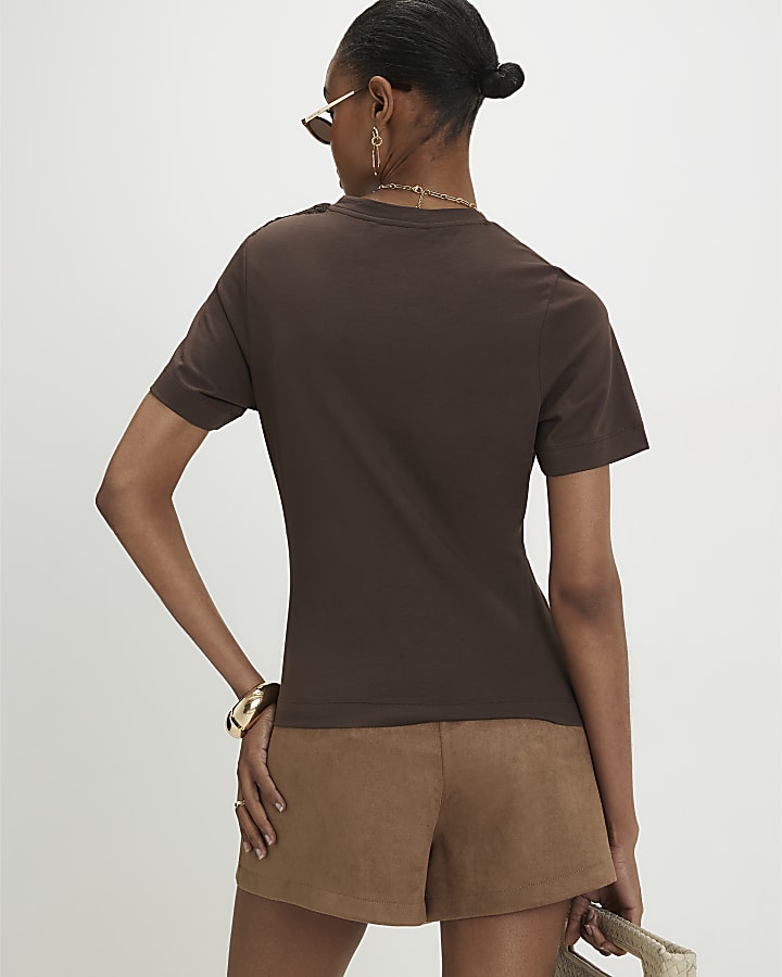 Brown Short Sleeve Lace Asymmetric Ruched Top