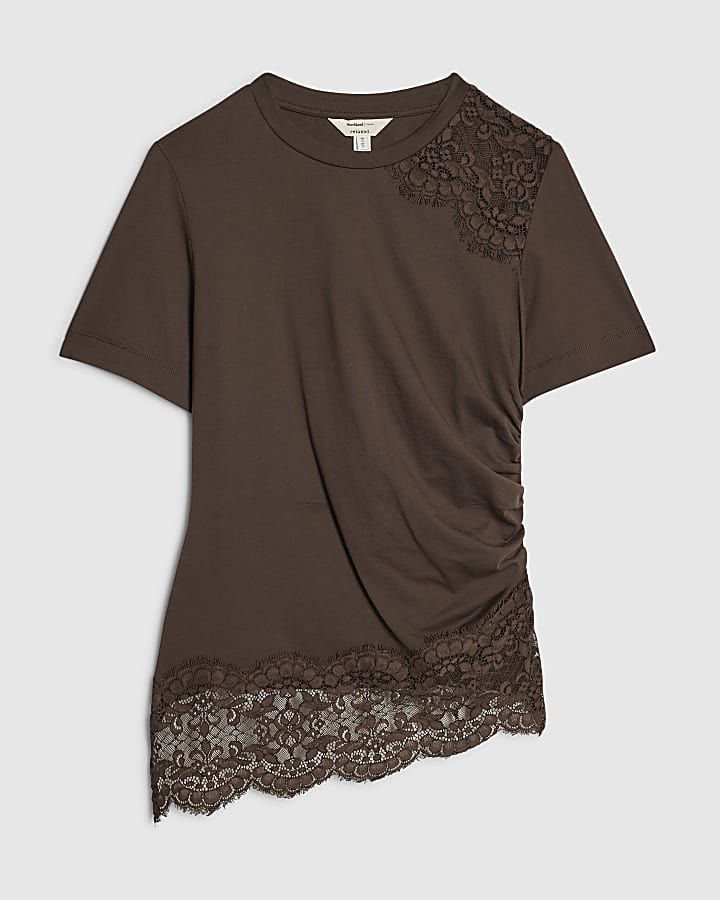 Brown Short Sleeve Lace Asymmetric Ruched Top