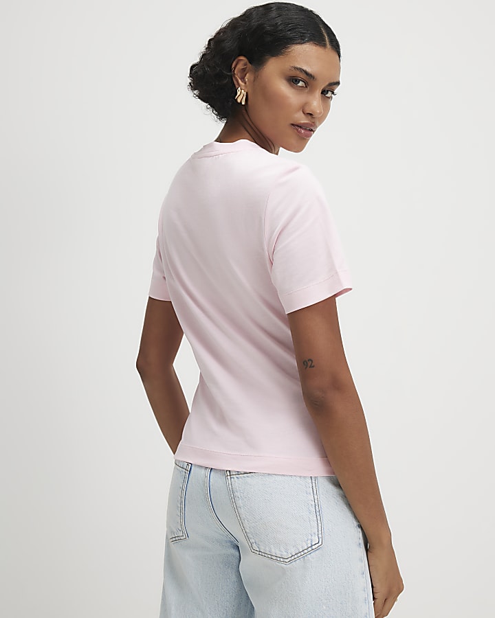 Pink Short Sleeve Lace Aysmmetric Ruched Top