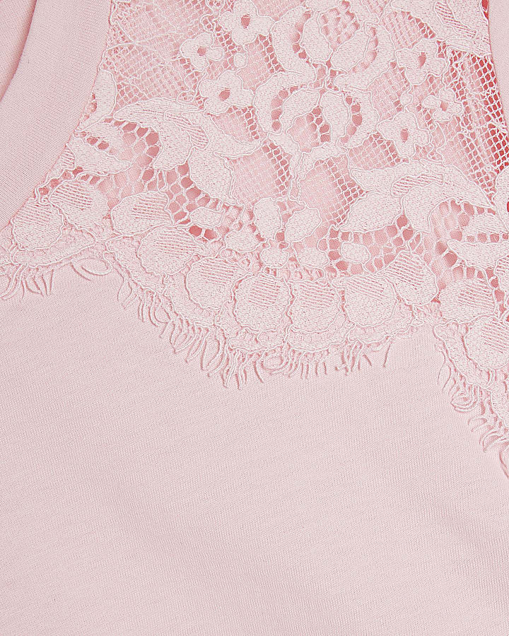 Pink Short Sleeve Lace Aysmmetric Ruched Top