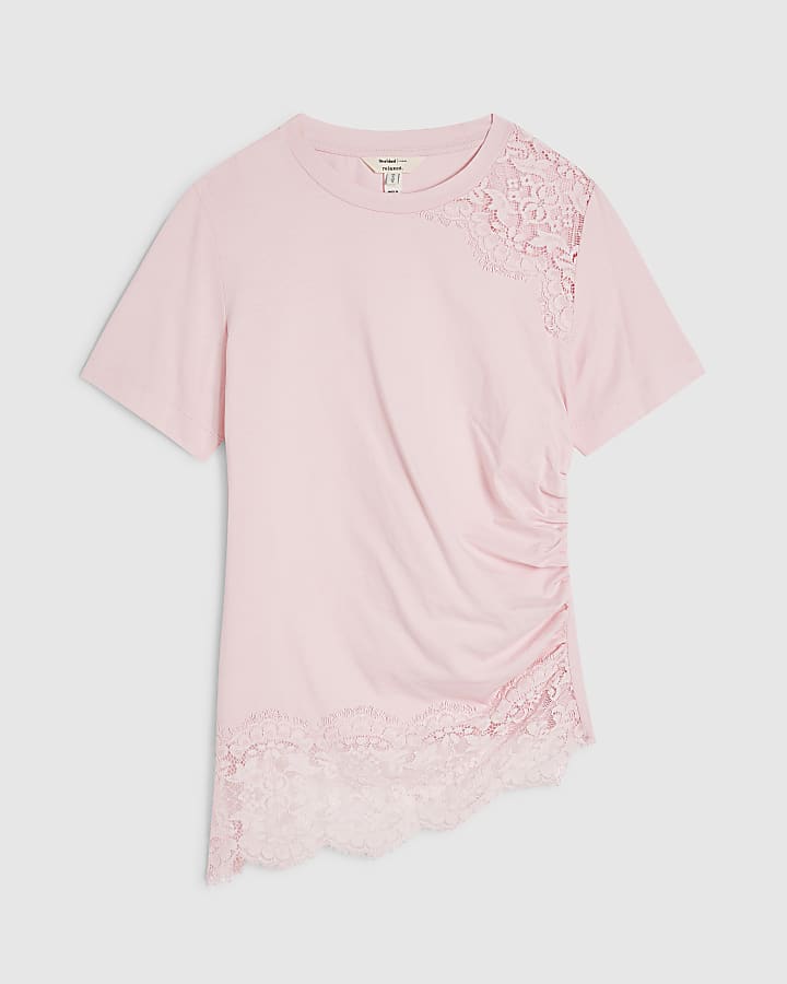 Pink Short Sleeve Lace Aysmmetric Ruched Top