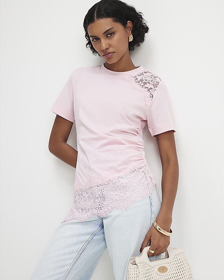 Pink Short Sleeve Lace Aysmmetric Ruched Top