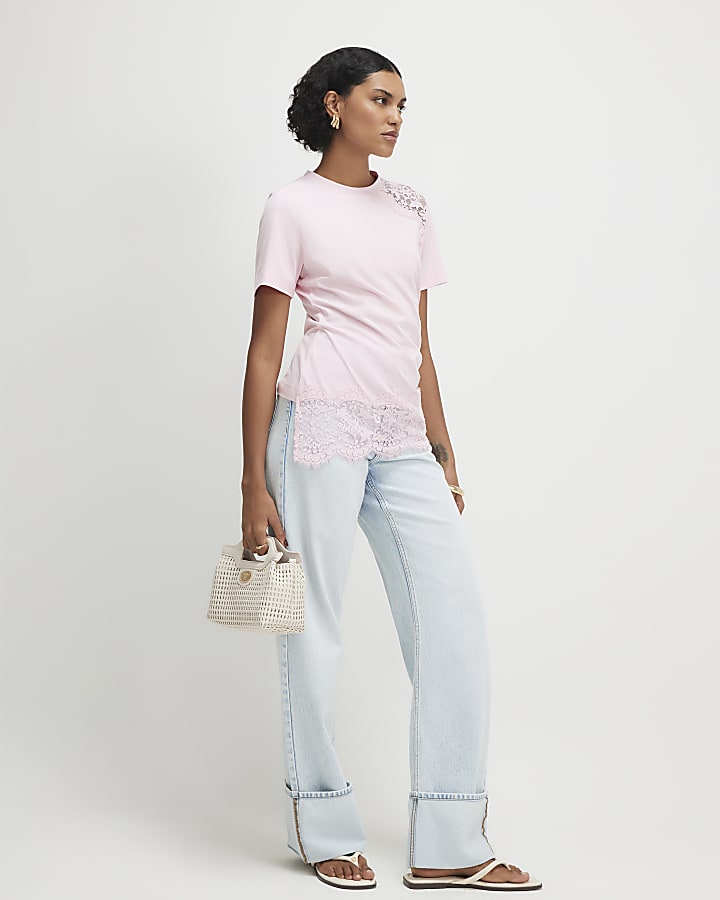 Pink Short Sleeve Lace Aysmmetric Ruched Top