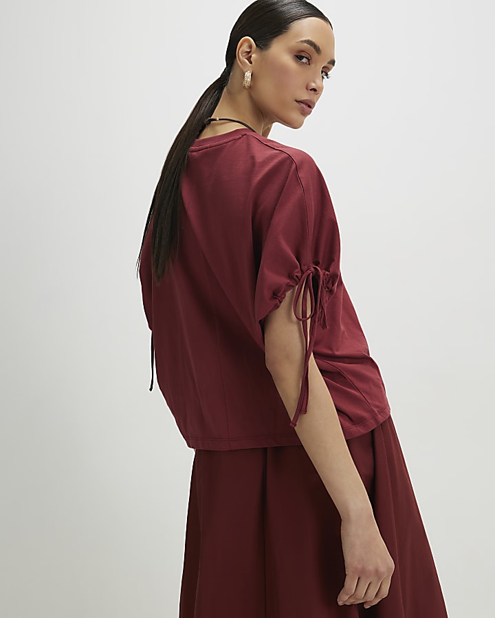 Red Ruched Sleeve T-Shirt