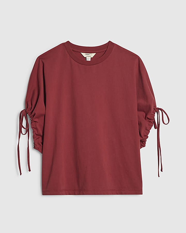 Red Ruched Sleeve T-Shirt