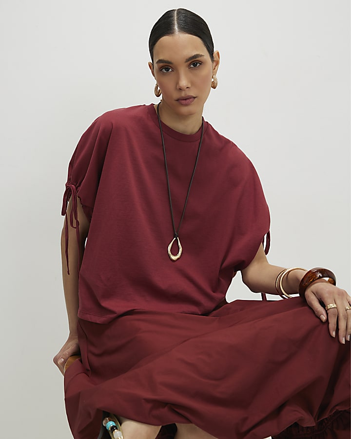 Red Ruched Sleeve T-Shirt