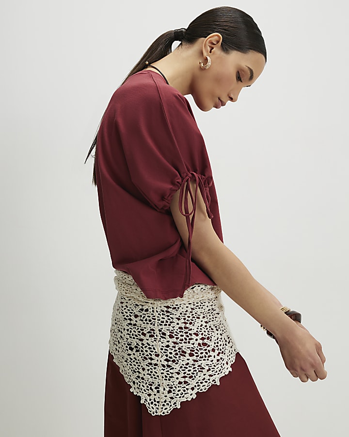 Red Ruched Sleeve T-Shirt