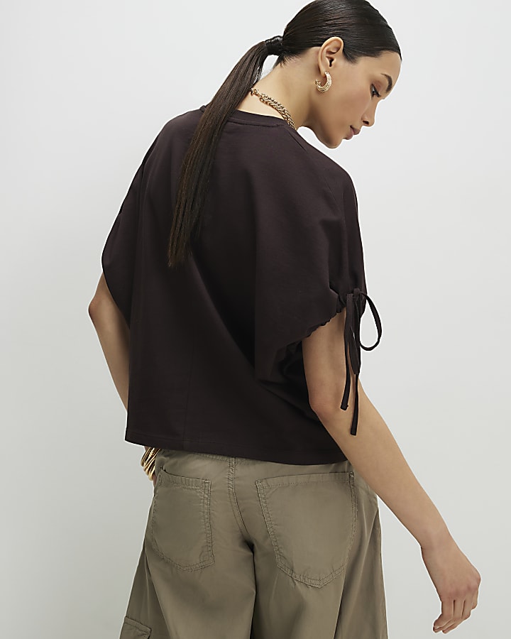 Brown Ruched Sleeve T-Shirt