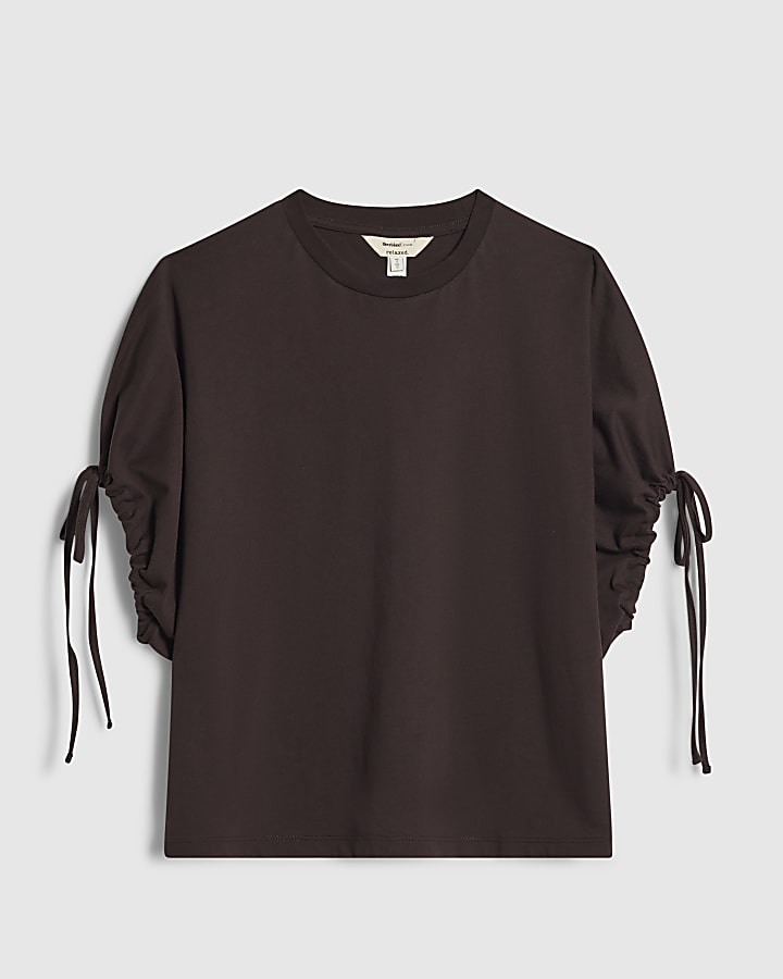 Brown Ruched Sleeve T-Shirt