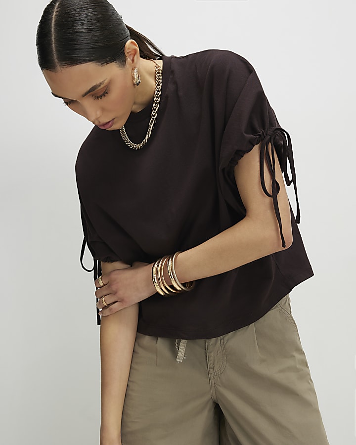 Brown Ruched Sleeve T-Shirt