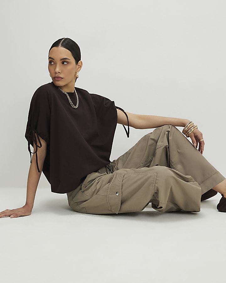 Brown Ruched Sleeve T-Shirt
