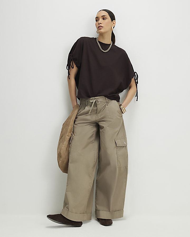 Brown Ruched Sleeve T-Shirt